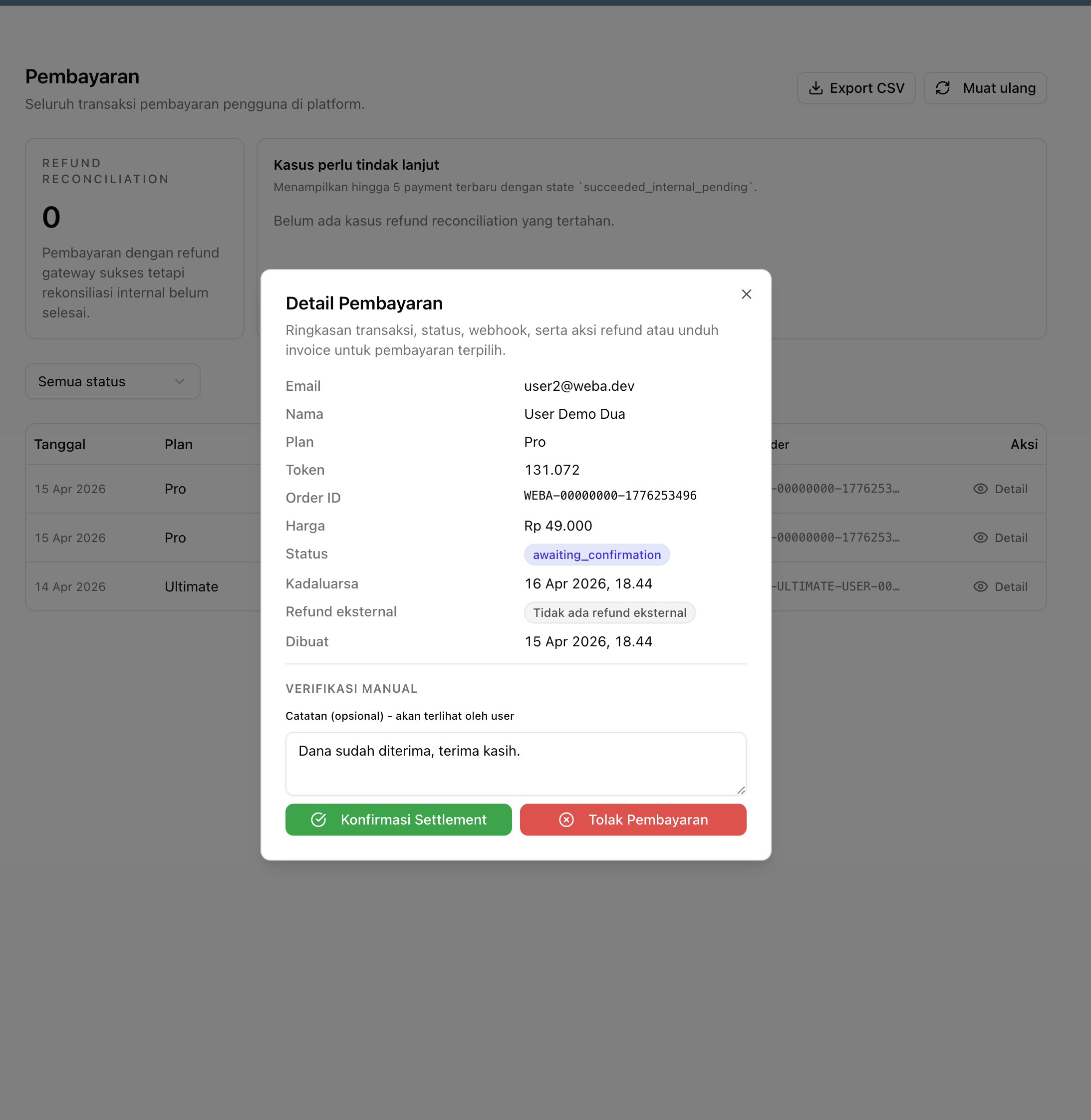 Panel admin verifikasi dan konfirmasi pembayaran manual