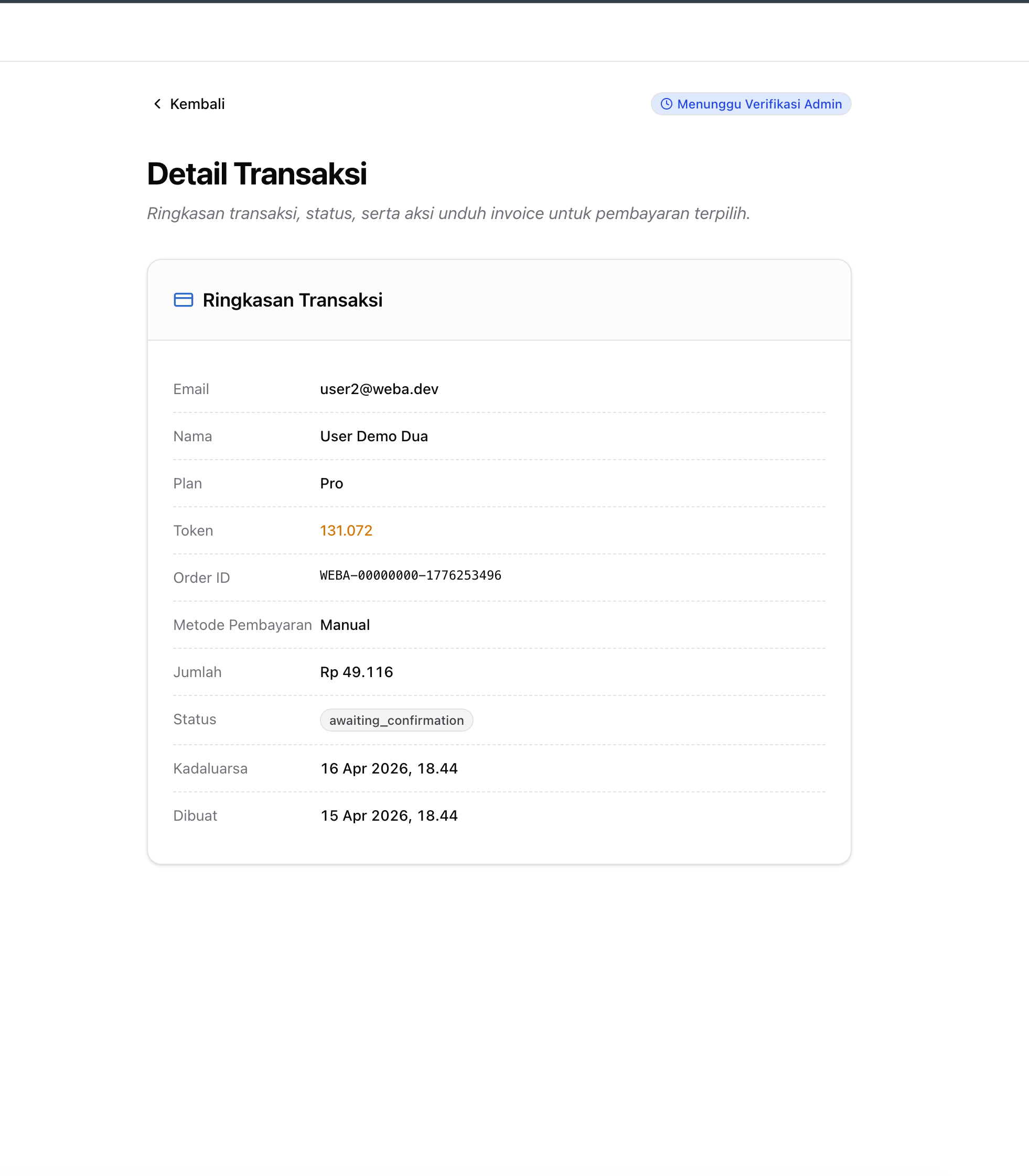 Status awaiting confirmation setelah klik saya sudah transfer
