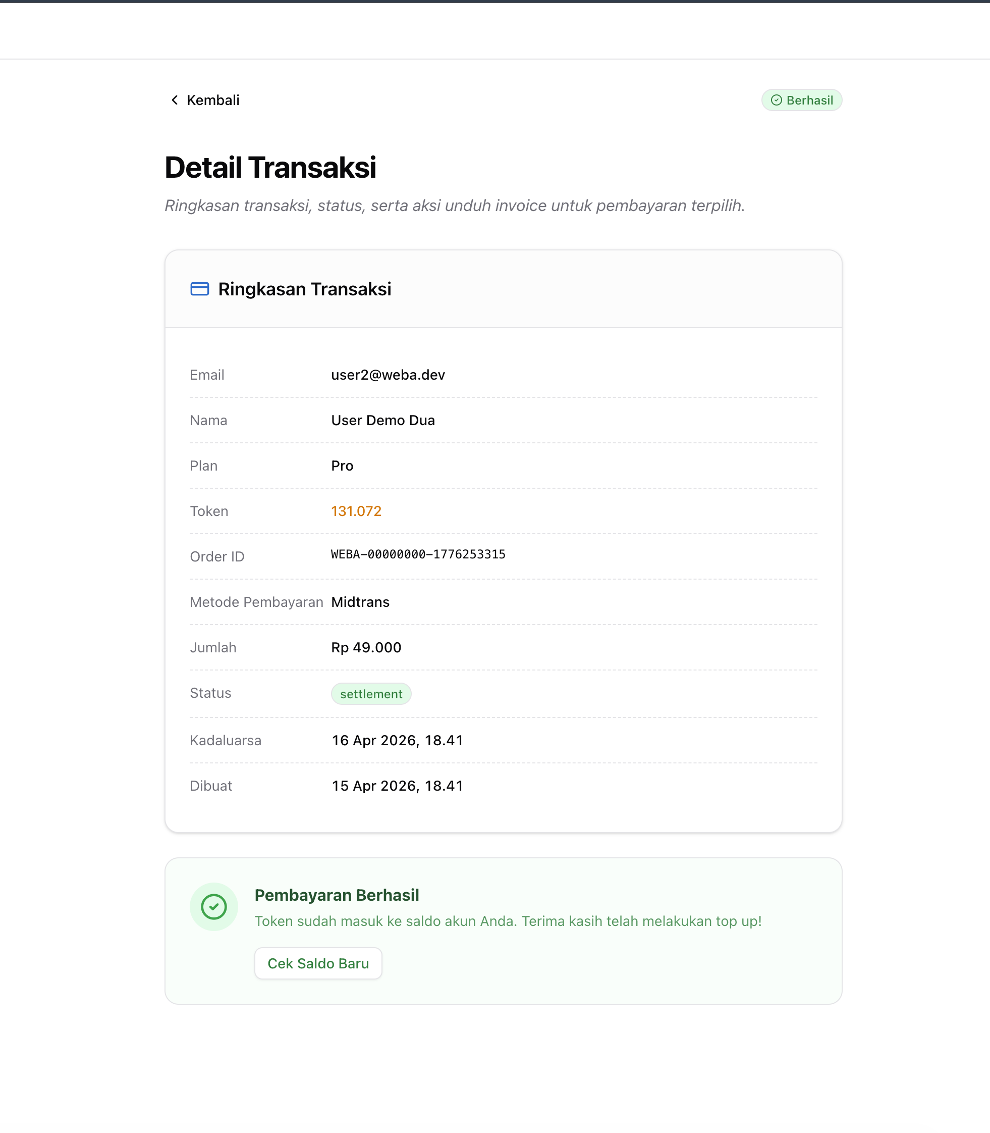 Detail transaksi dengan status settlement dan token masuk