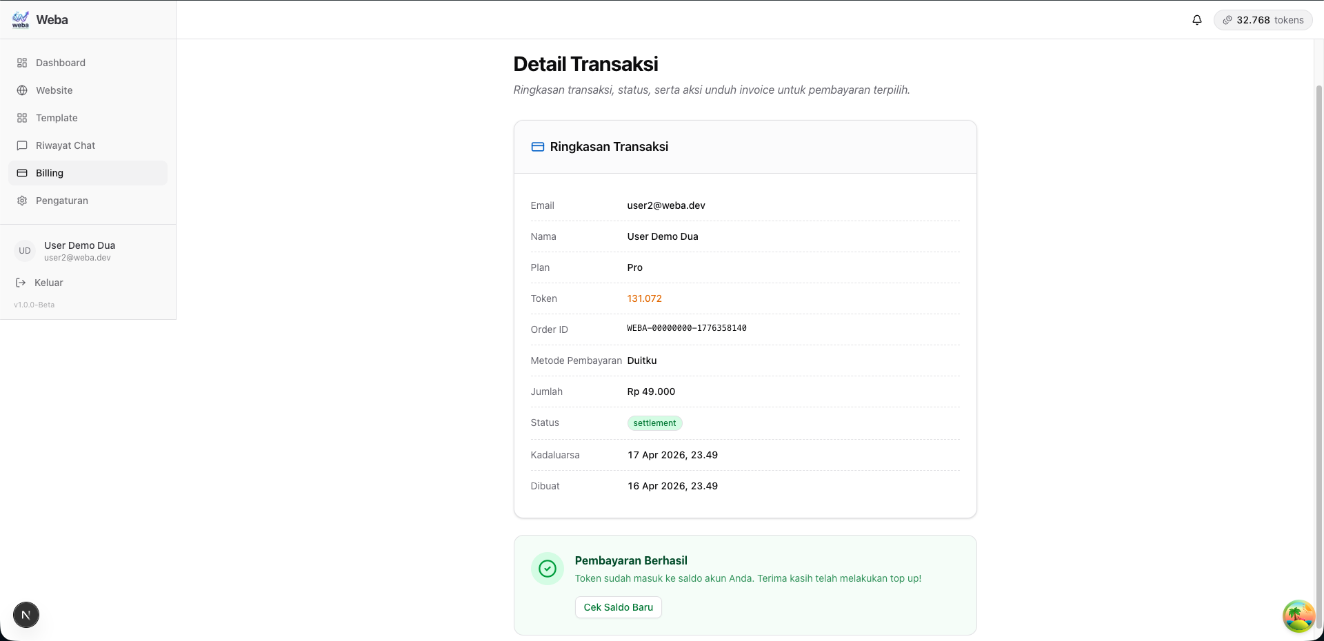 Detail transaksi Duitku dengan status settlement