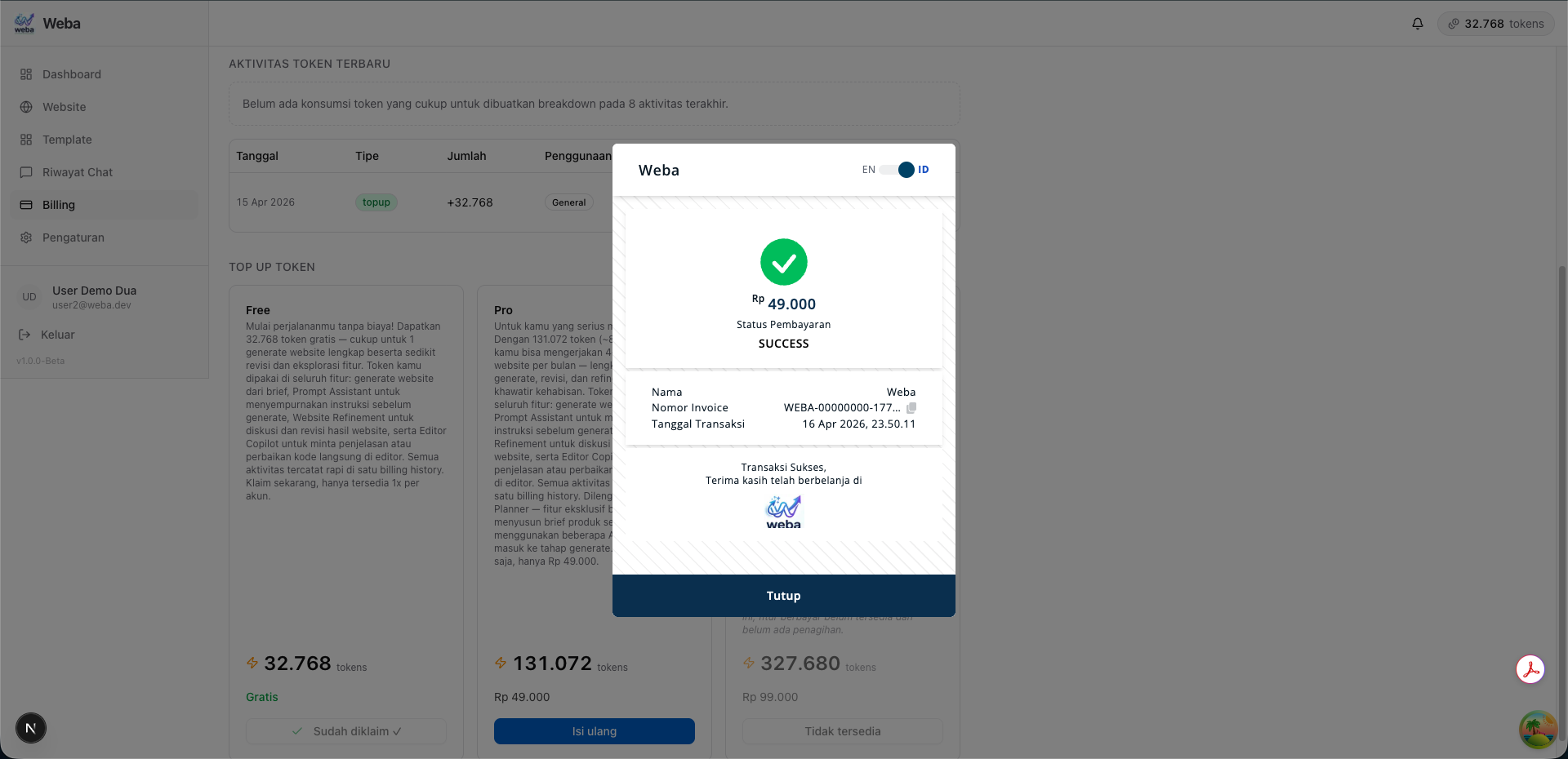 Layar konfirmasi pembayaran berhasil dari Duitku