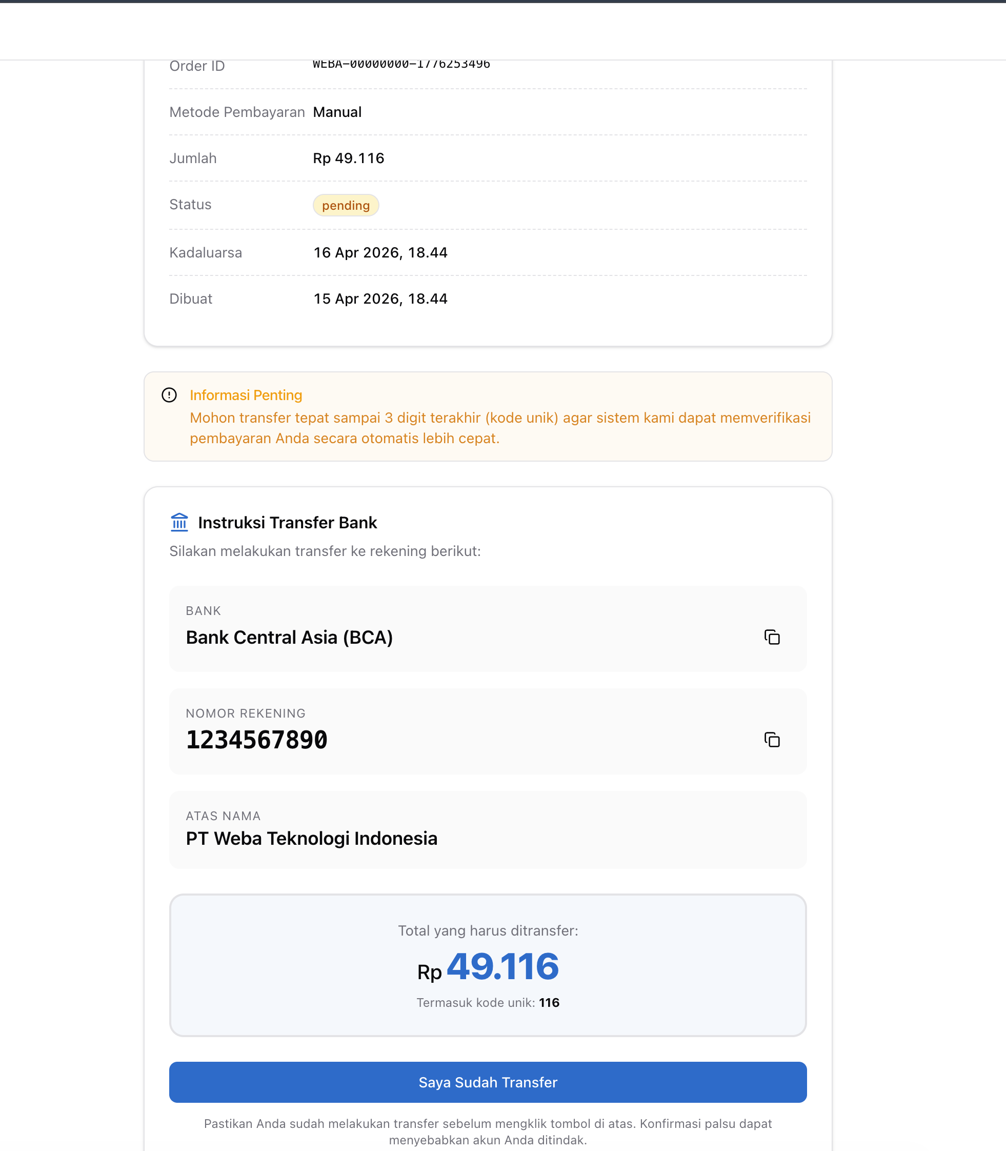 Instruksi transfer bank dengan kode unik