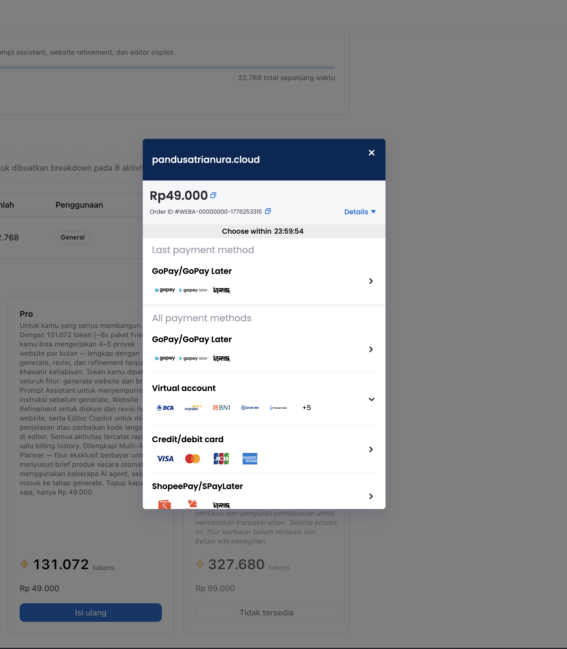 Popup Midtrans dengan pilihan metode pembayaran