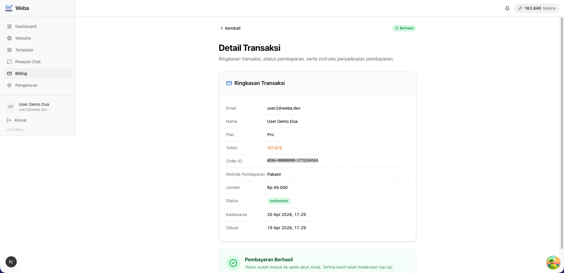 Detail transaksi berhasil di Weba