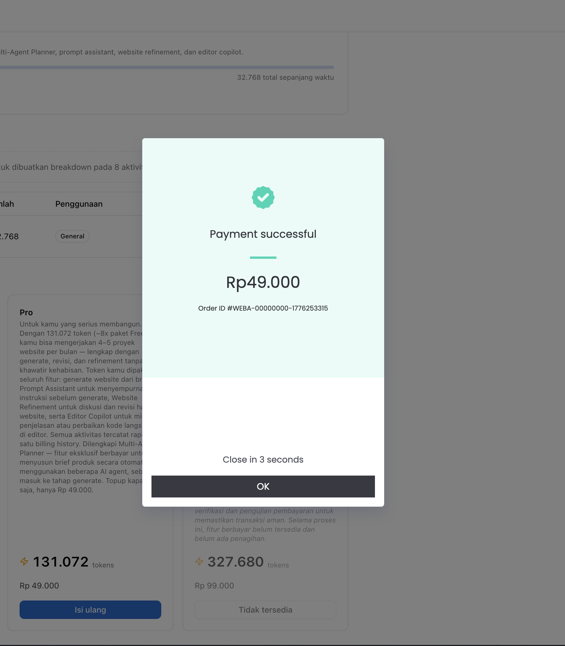 Layar konfirmasi pembayaran berhasil dari Midtrans