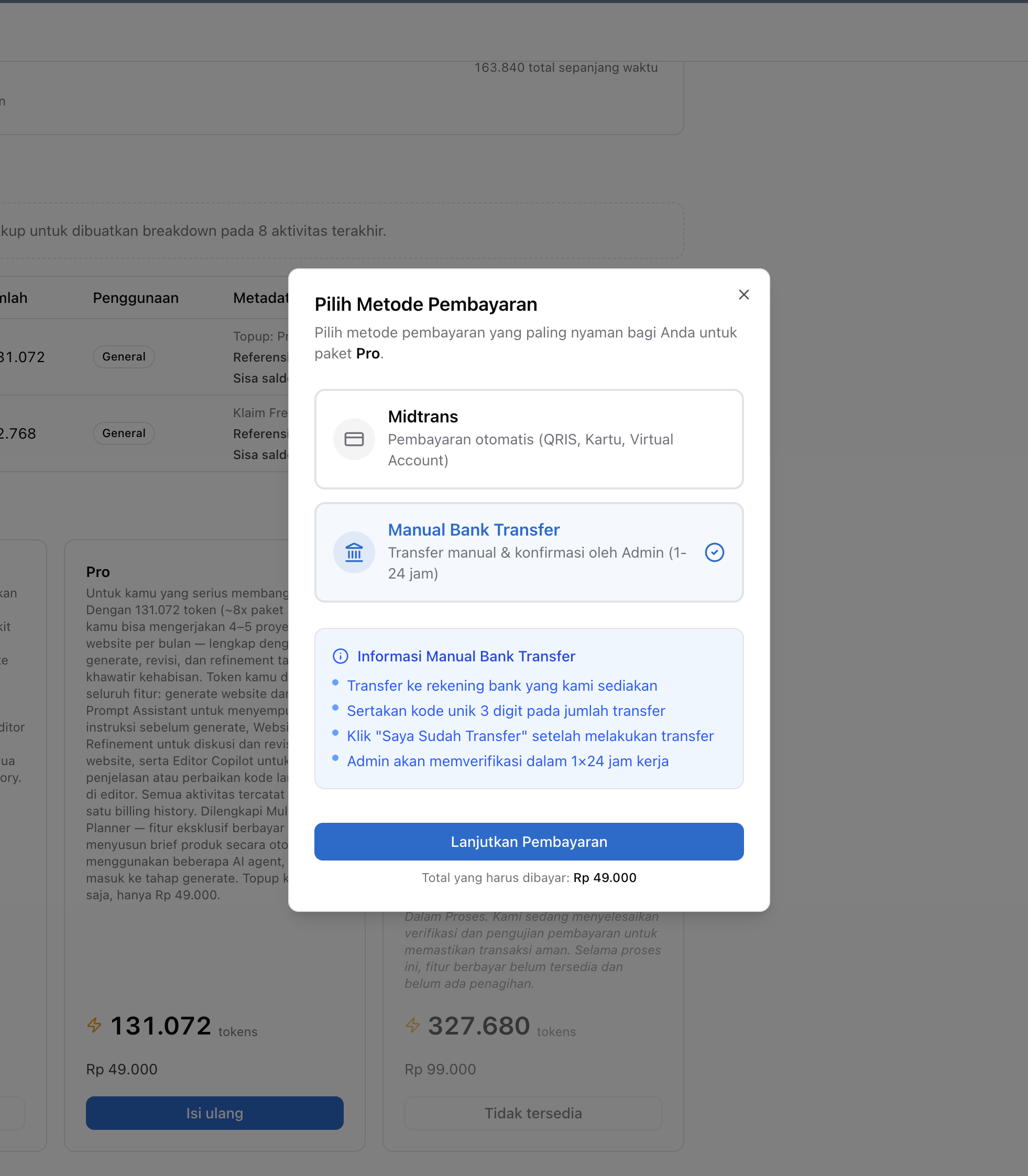 Modal pilih metode - Manual Bank Transfer dipilih