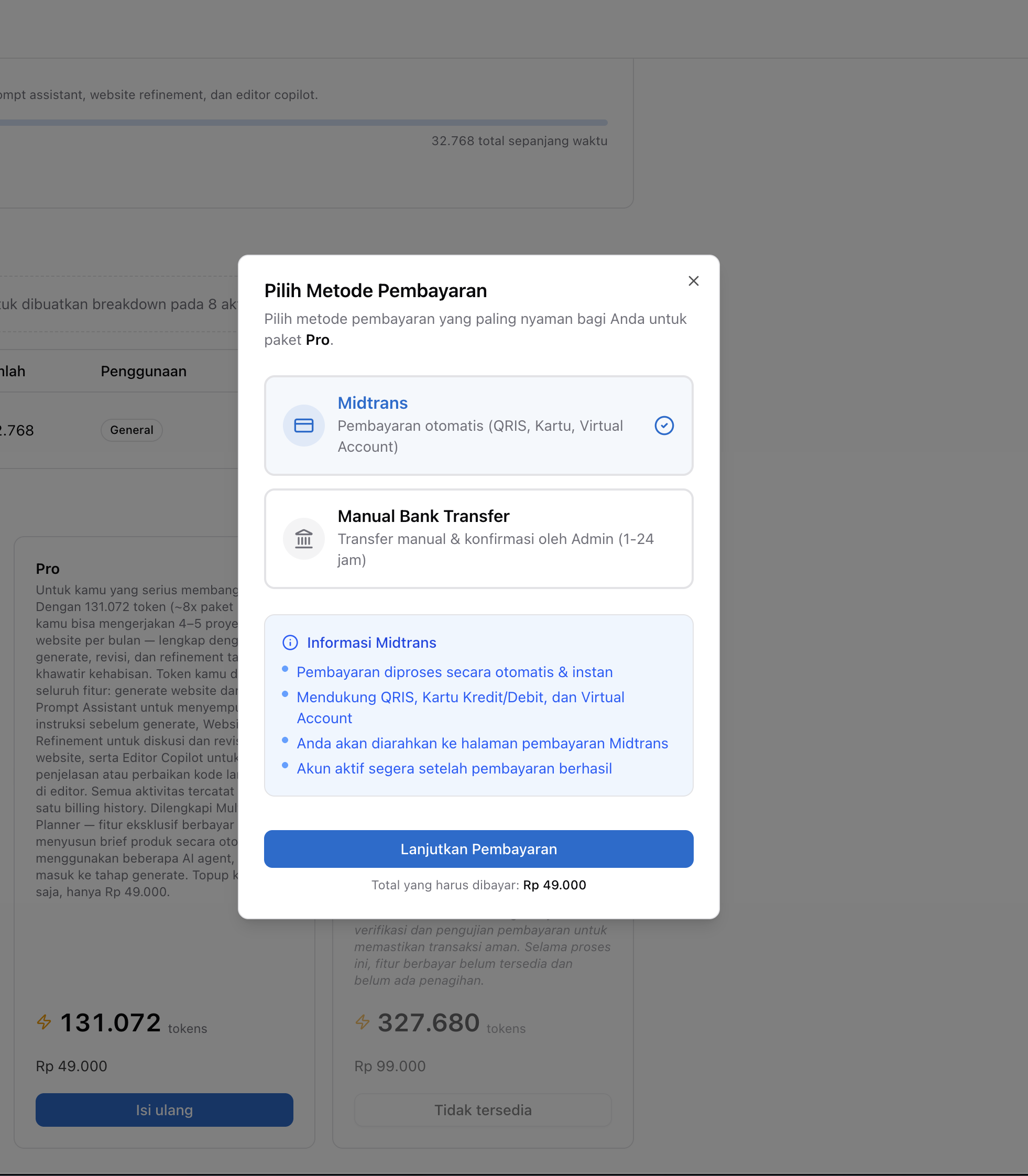 Modal pilih metode pembayaran - Midtrans
